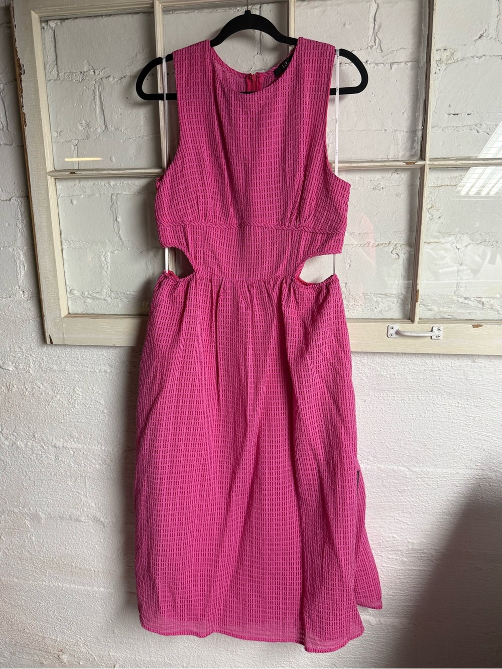 Lulu's Hot Pink Textured Cutout Midi Dress - Picture 3 of 13